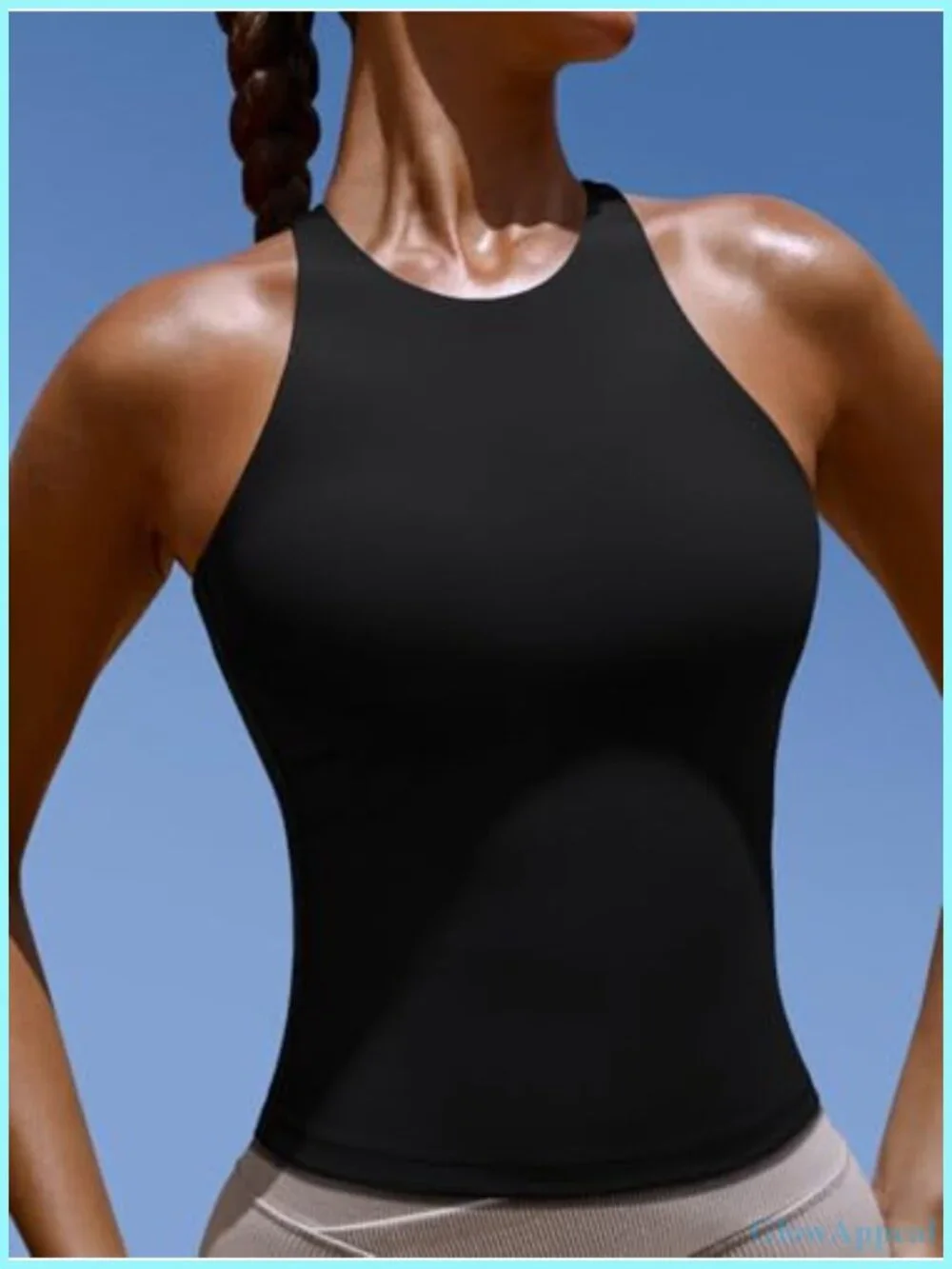 High Neck Tank Top with Built in Bra, Strappy Back, Removable Pads, Compression